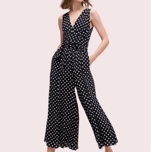 Kate Spade | Lia Black Polka Dot Jumpsuit with tie belt wide leg cropped - Picture 4 of 10